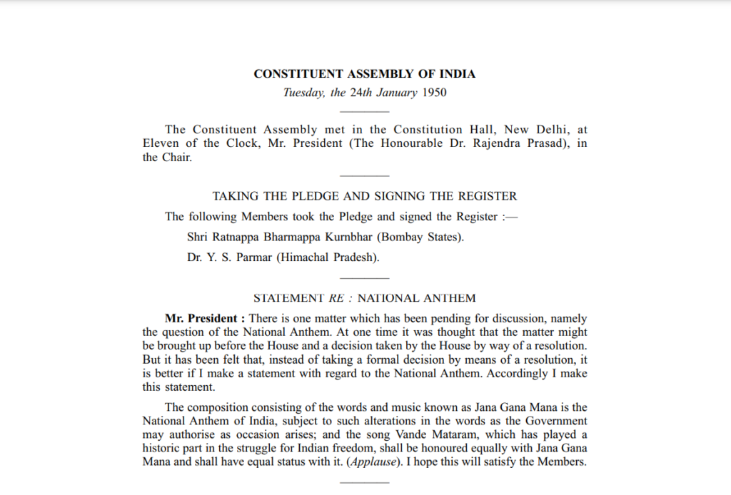 Adoption of National Anthem in the Constituent Assembly on 24, January, 1950